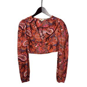 Womens SZ 4 Bohemian Long Sleeve Cropped Blouse Button Front & Elastic Back